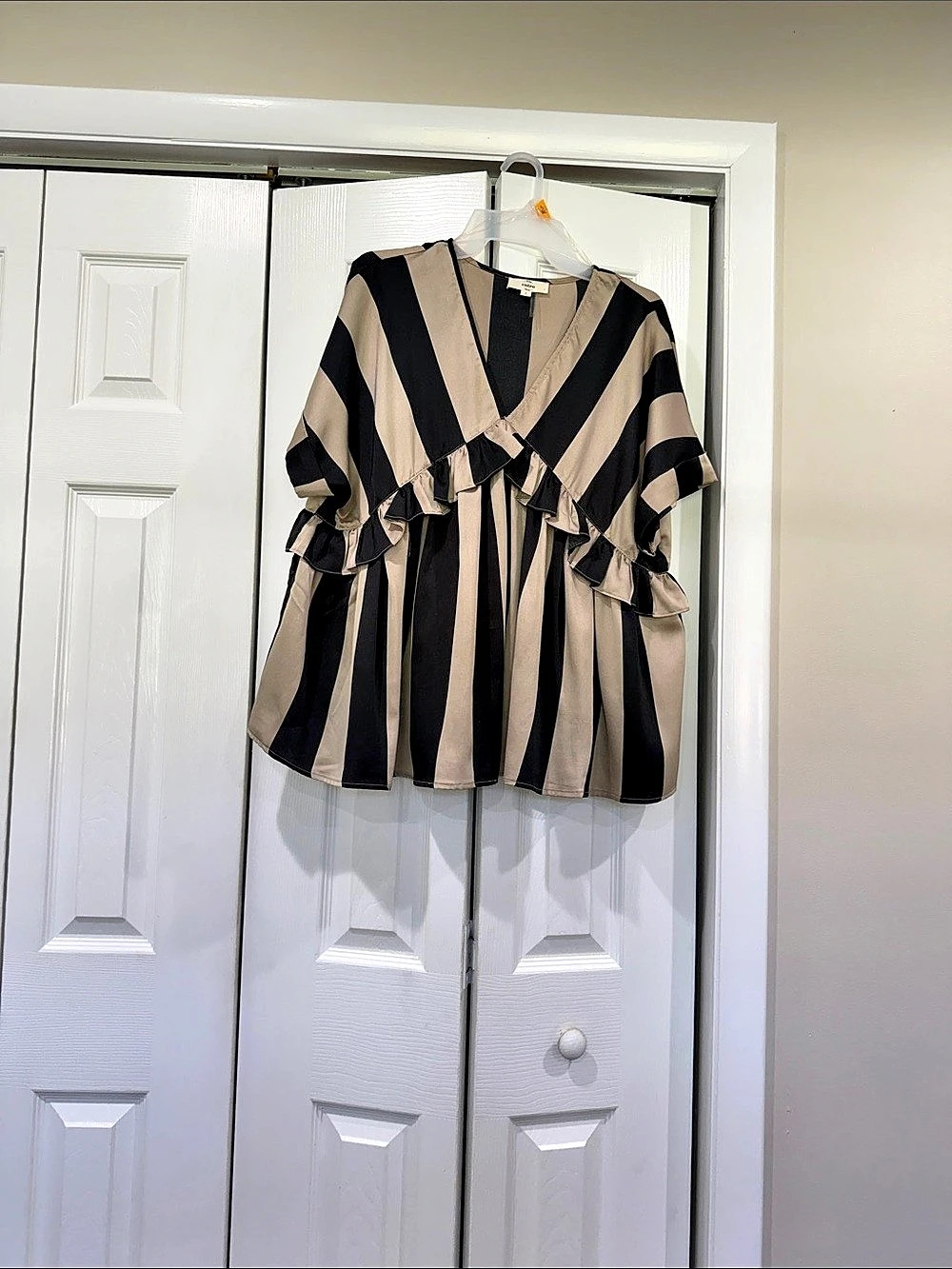 Striped Ruffle Blouse in Black & Beige